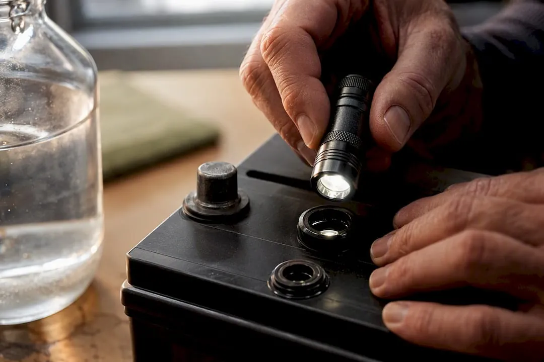 Flashlight checking battery electrolyte level