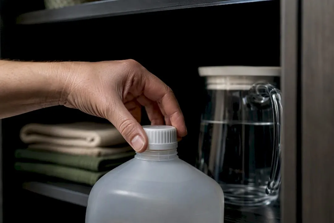 Distilled water stored on pantry shelf