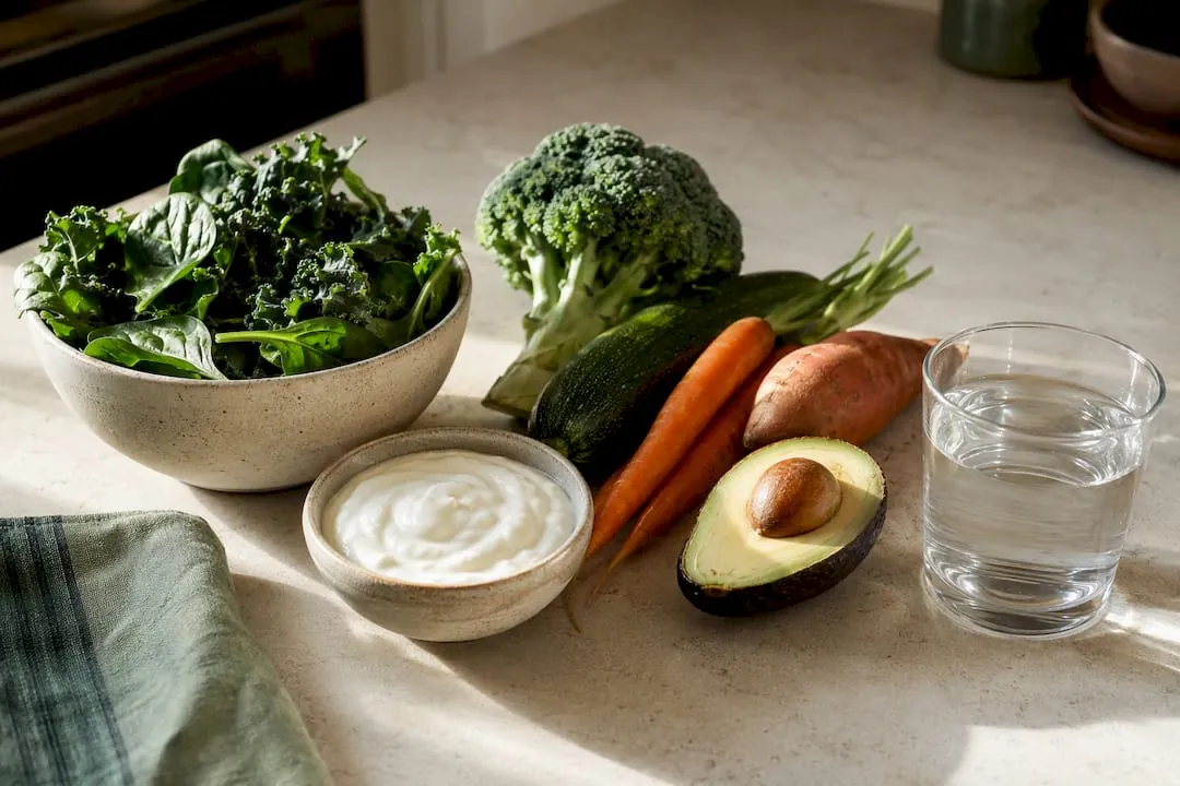 Whole foods beside a glass of water