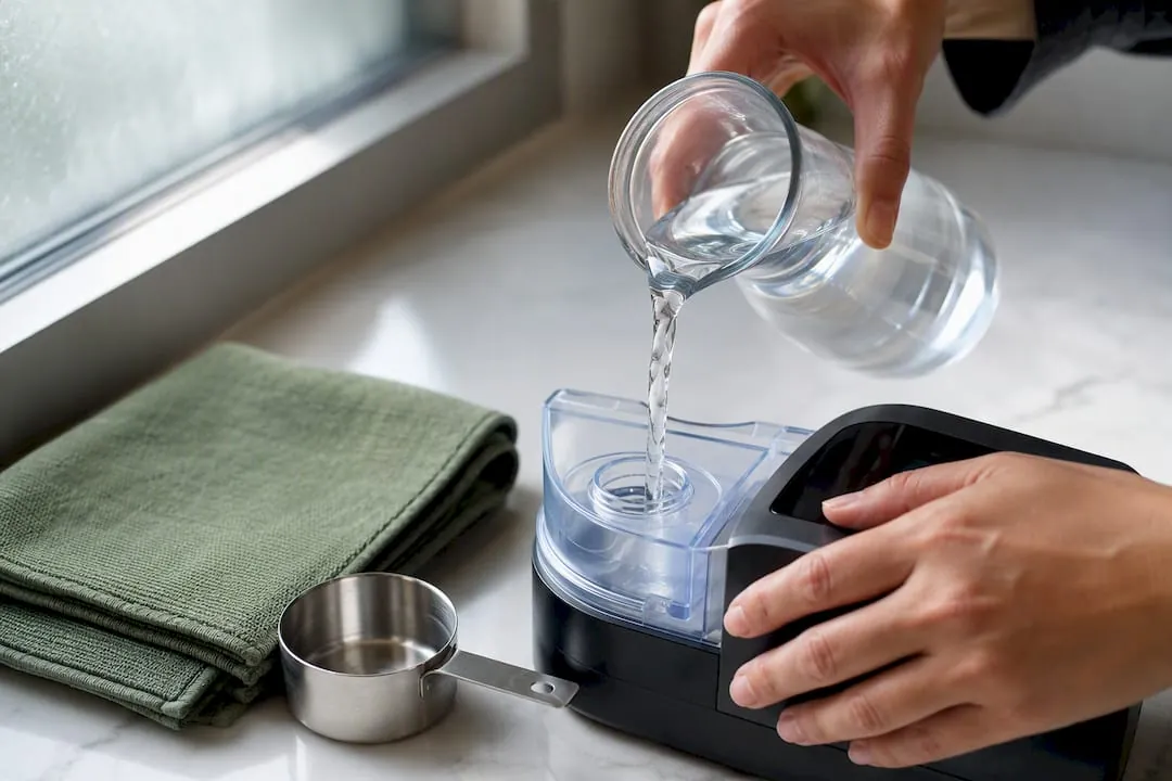 Hands filling an anonymous humidifier chamber